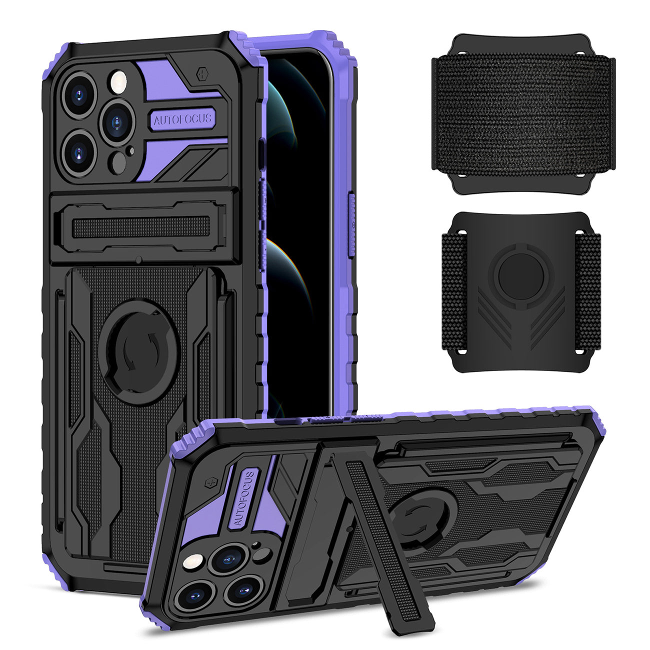 High Elastic Plastic iPhone 12 Pro Case with Kickstand, Sports Mobile Wristband and Card Slot In Purple